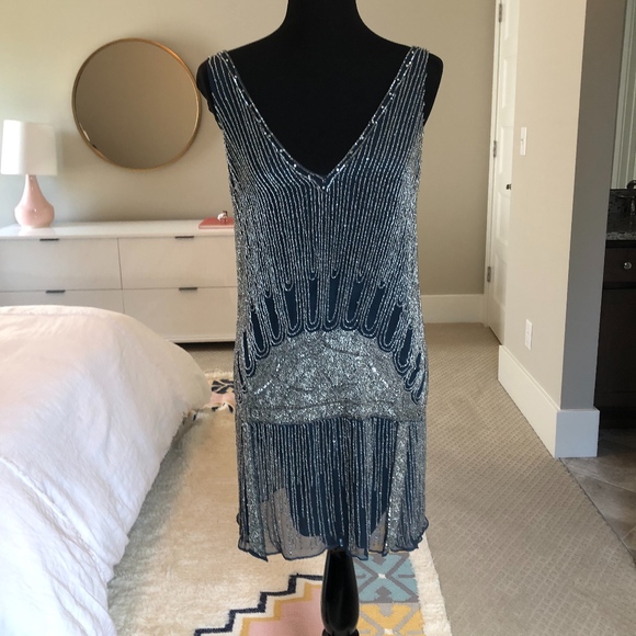 parker beaded flapper dress Parker Black Beige Beaded Midi Dress (Size 2)
